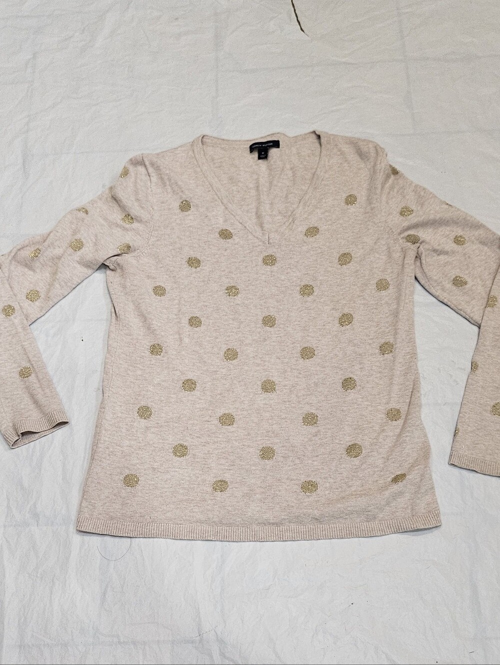 Women’s V-Neck Polka Dot Sweater - Blush with Gold Dots. Sz M